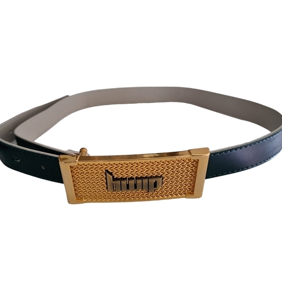 Vintage dimy gold tone embossed belt buckle rectangle green faux leather belt - Picture 4 of 5